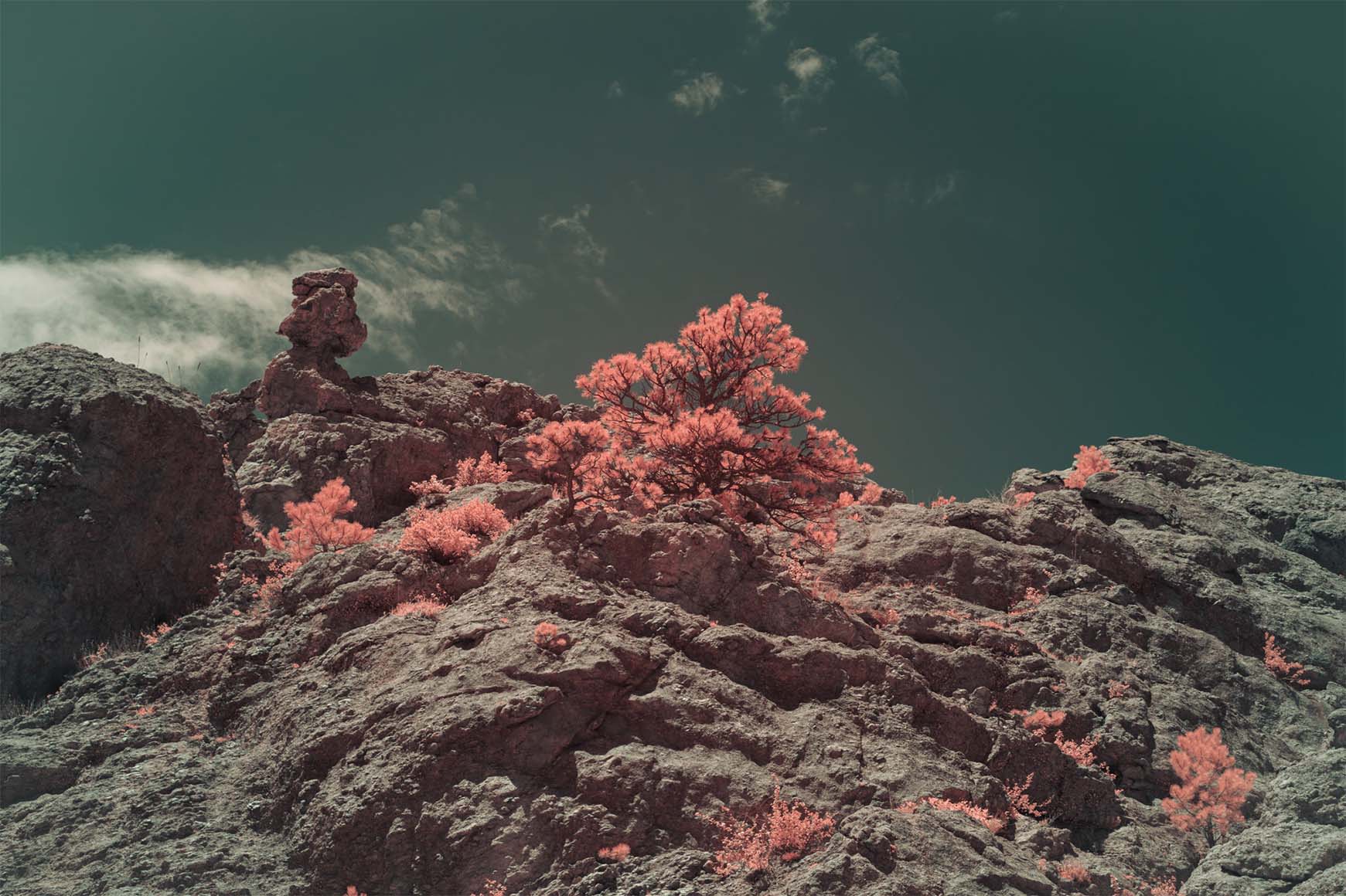 Moonside — balancing rock pink trees teal sky Colorado