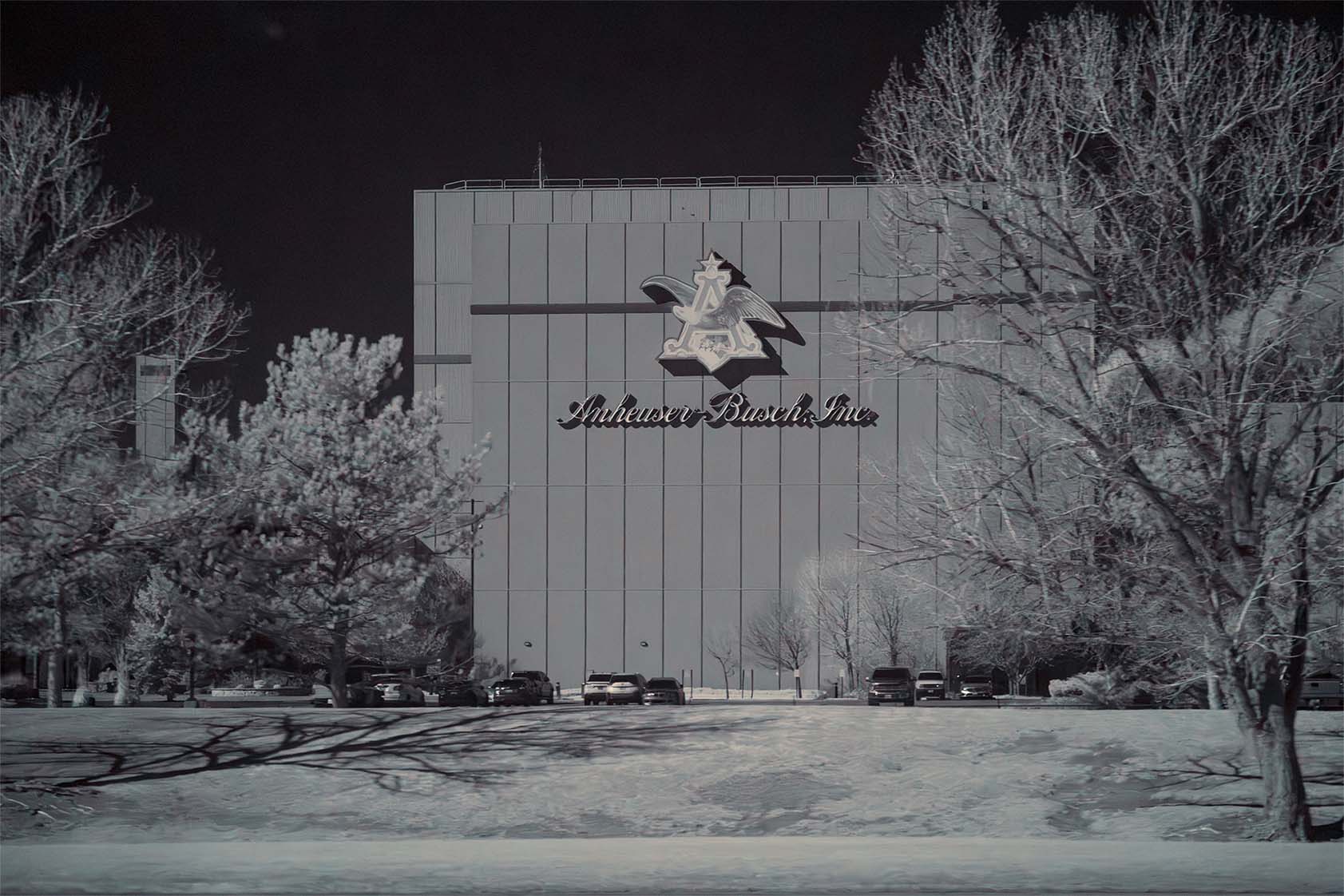 Moonside — Anheuser-Busch building snow trees infrared